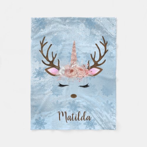 Girly baby blue marble unicorn reindeer snowflakes fleece blanket