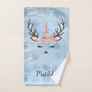 Girly baby blue marble unicorn reindeer snowflakes hand towel