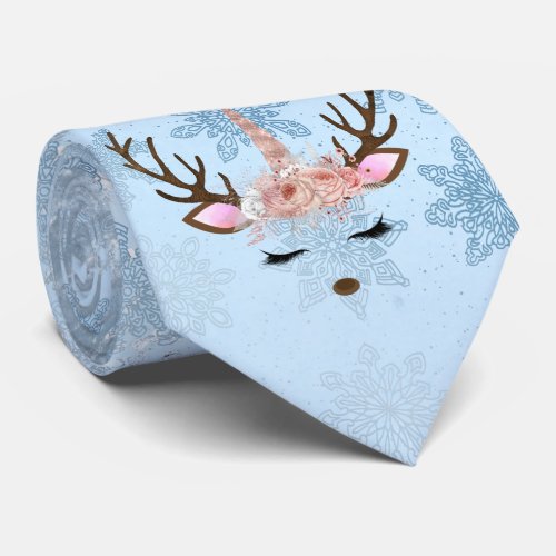 Girly baby blue marble unicorn reindeer snowflakes neck tie
