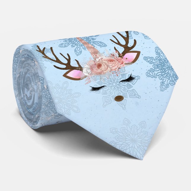 Girly baby blue marble unicorn reindeer snowflakes neck tie (Rolled)