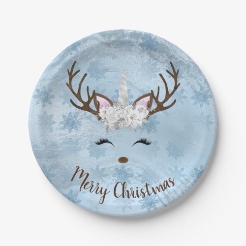 Girly baby blue marble unicorn reindeer snowflakes paper plates