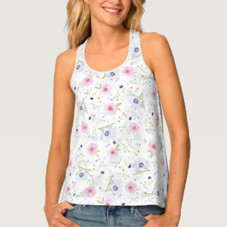 Girly Baby Blue Pink Pastel Scattered Flowers Tank Top