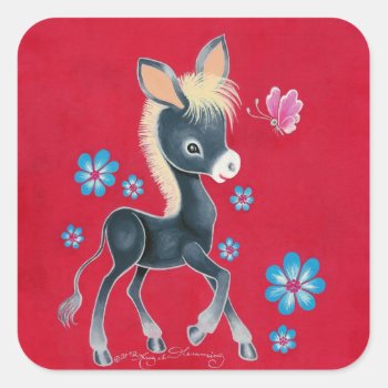 Girly Baby Donkey With Flowers Square Sticker by ArtsyKidsy at Zazzle