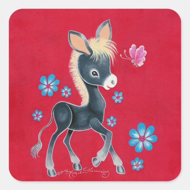 Girly Baby Donkey With Flowers Square Sticker (Front)