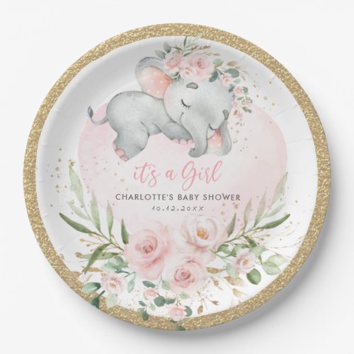 Girly Baby Elephant Blush Pink Gold Floral Shower Paper Plates
