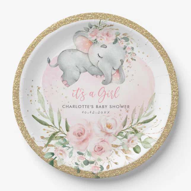 Girly Baby Elephant Blush Pink Gold Floral Shower Paper Plates | Zazzle
