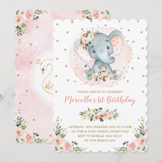 Girly Baby Elephant Peach Blush Gold 1st Birthday Invitation (Front/Back)