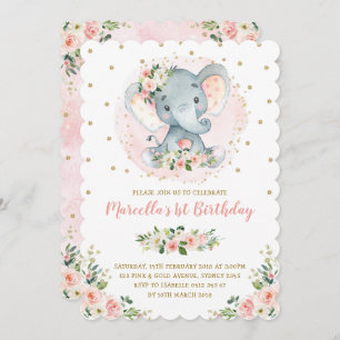 Girly Baby Elephant Peach Blush Gold 1st Birthday Invitation