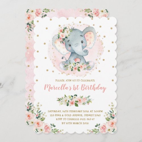 Girly Baby Elephant Peach Blush Gold 1st Birthday Invitation