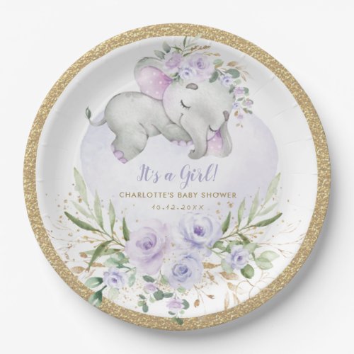 Girly Baby Elephant Purple Gold Floral Shower Paper Plates