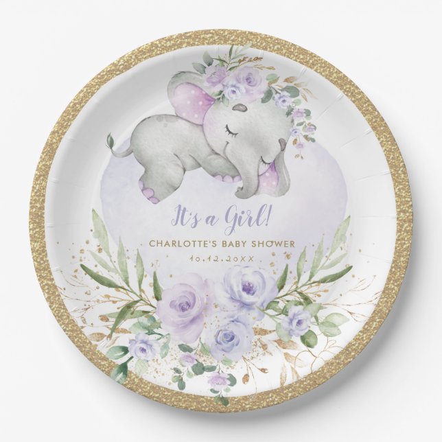 Girly Baby Elephant Purple Gold Floral Shower Paper Plates (Front)