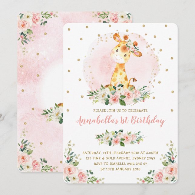 Girly Baby Giraffe Blush Gold Floral 1st Birthday Invitation (Front/Back)