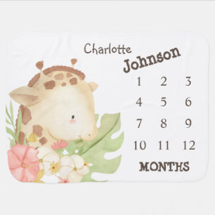 Girly Baby Giraffe Green Stripes Monthly Milestone Blanket