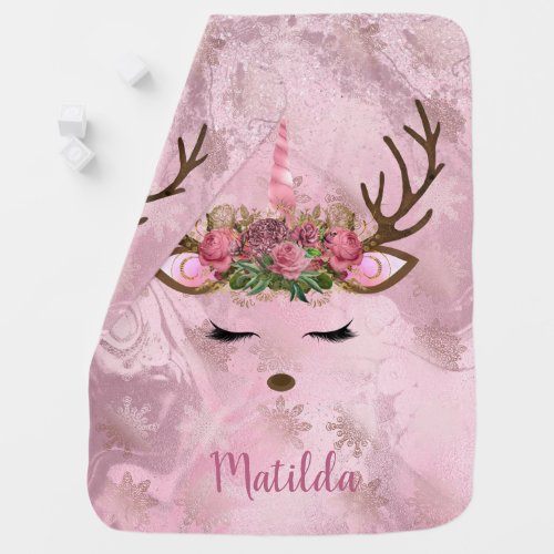 Girly baby pink marble unicorn reindeer snowflakes baby blanket