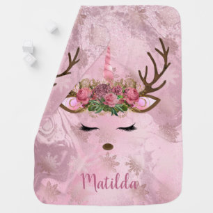 Girly baby pink marble unicorn reindeer snowflakes blanket