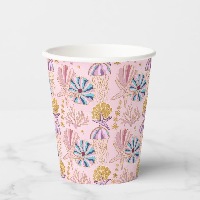 Girly Baby Pink Under the Sea Glittery Paper Cups (Front)