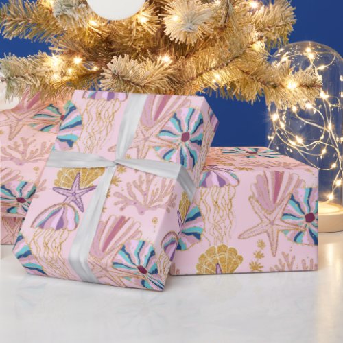 Girly Baby Pink Under the Sea Glittery Wrapping Paper