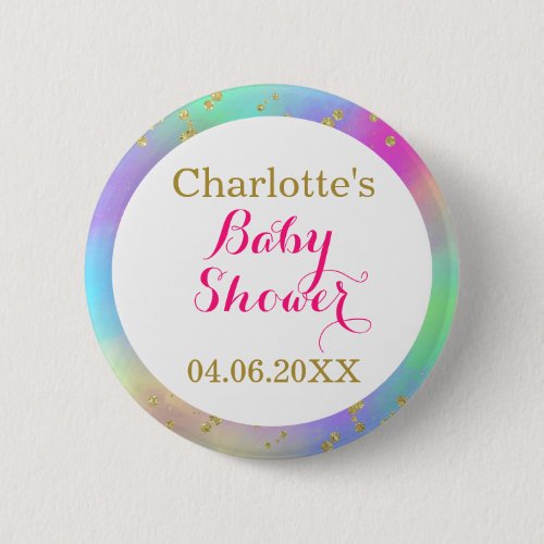 Girly Baby Shower Colorful Unicorn Gold Glitter Button