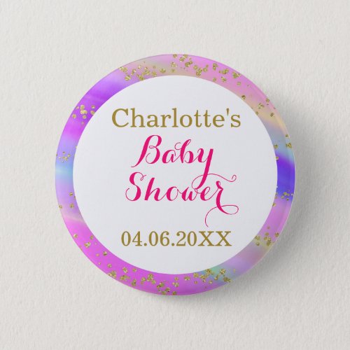 Girly Baby Shower Colorful Unicorn Gold Glitter Button