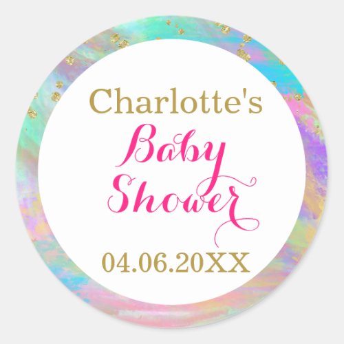 Girly Baby Shower Colorful Unicorn Gold Glitter Classic Round Sticker