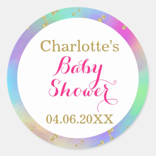 Girly Baby Shower Colorful Unicorn Gold Glitter Classic Round Sticker