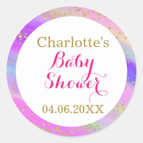 Girly Baby Shower Colorful Unicorn Gold Glitter Classic Round Sticker