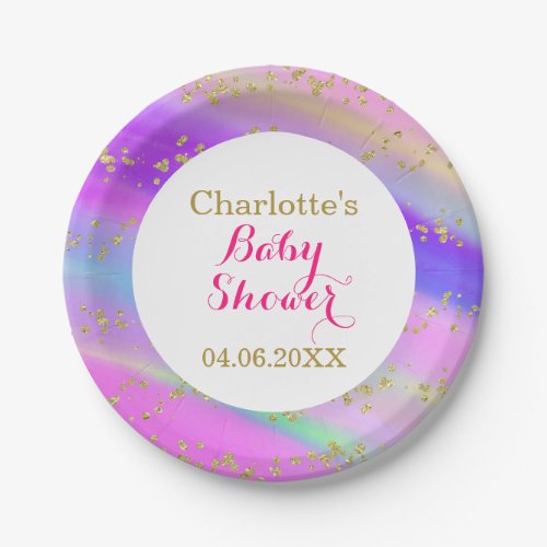 Girly Baby Shower Colorful Unicorn Gold Glitter Paper Plates