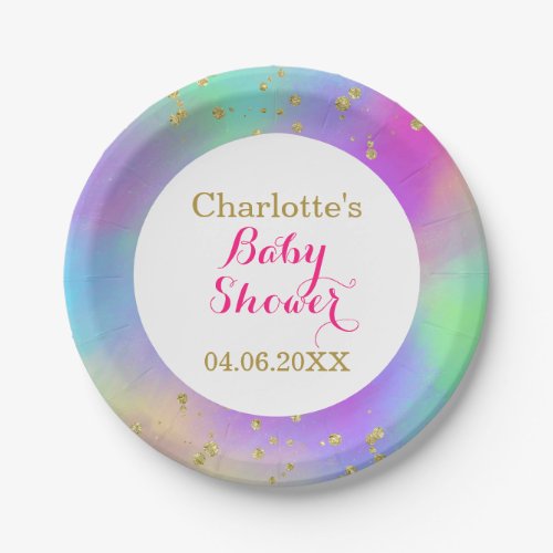 Girly Baby Shower Colorful Unicorn Gold Glitter Paper Plates