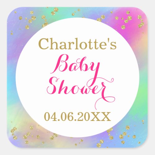 Girly Baby Shower Colorful Unicorn Gold Glitter Square Sticker