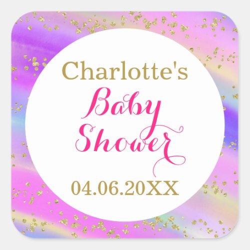 Girly Baby Shower Colorful Unicorn Gold Glitter Square Sticker