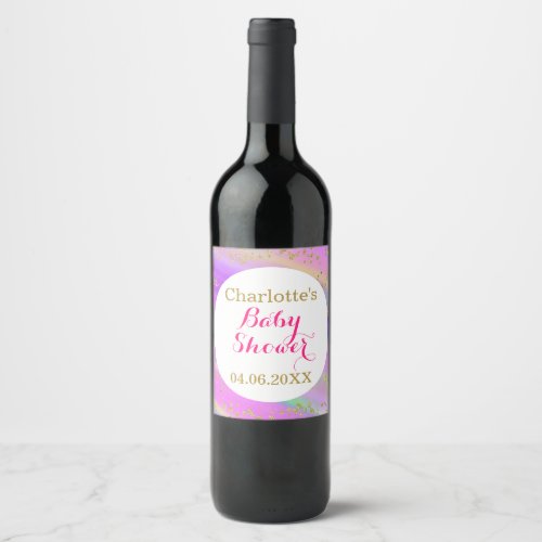 Girly Baby Shower Colorful Unicorn Gold Glitter Wine Label