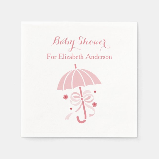 Girly Baby Shower Cute Pink Umbrella With Bow Paper Napkins (Front)
