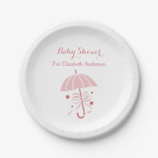 Girly Baby Shower Cute Pink Umbrella With Bow Paper Plates