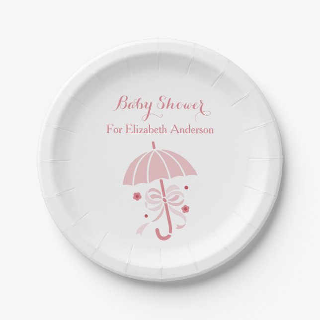 Girly Baby Shower Cute Pink Umbrella With Bow Paper Plates (Front)