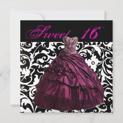 girly ball gown dress sweet sixteen party invitation