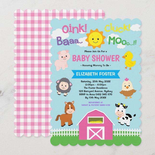 Girly Barnyard Baby Shower Pink Farm Animals Party Invitation (Front/Back)