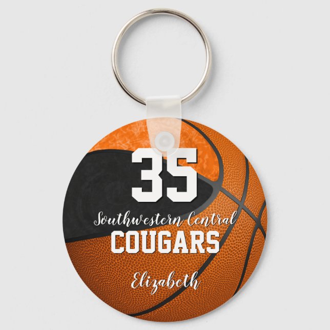 girly basketball black orange school team colors keychain (Front)