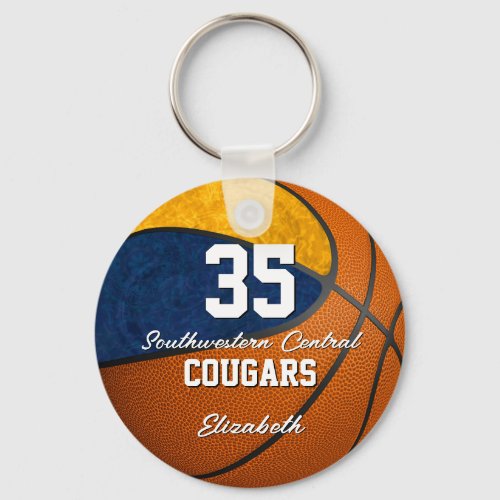 girly basketball blue gold school team colors keychain