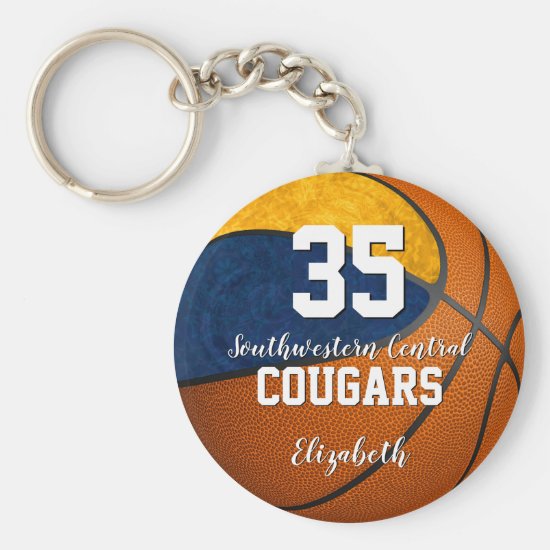 girly basketball blue gold school team colors keychain