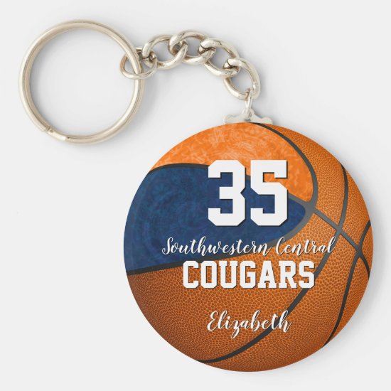 girly basketball blue orange school team colors keychain