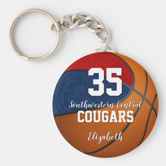 girly basketball blue red school team colors keychain
