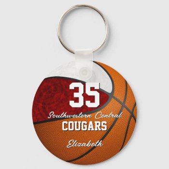 Girly Basketball Maroon White School Team Colors Keychain by katz_d_zynes at Zazzle