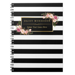 Girly Beautiful Floral Wrapping Gold B&amp;W Stripes Notebook