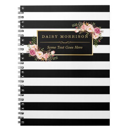 Girly Beautiful Floral Wrapping Gold B&w Stripes Notebook