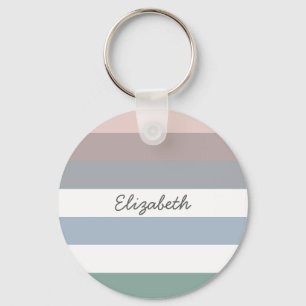 Girly Beige Blue Wide Horizontal Stripes With Name Keychain