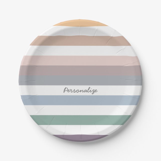 Girly Beige Blue Wide Horizontal Stripes With Name Paper Plates (Front)