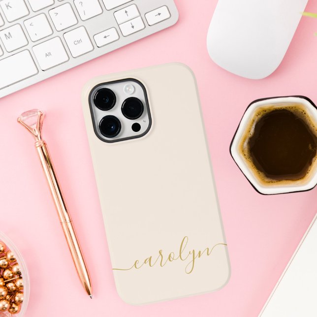 Girly Beige Monogram Modern Script Personalized Case-Mate iPhone Case (Creator Uploaded)