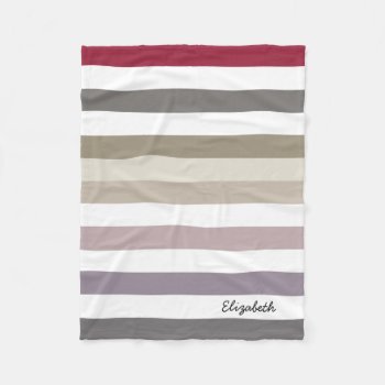 Girly Beige Red Big Horizontal Stripes With Name Fleece Blanket by PhotographyTKDesigns at Zazzle