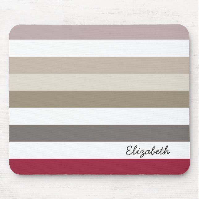Girly Beige Red Big Horizontal Stripes With Name Mouse Pad (Front)