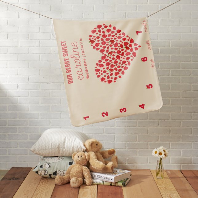 Girly Berry Sweet Monthly Milestone Heart Photo Baby Blanket (In Situ)